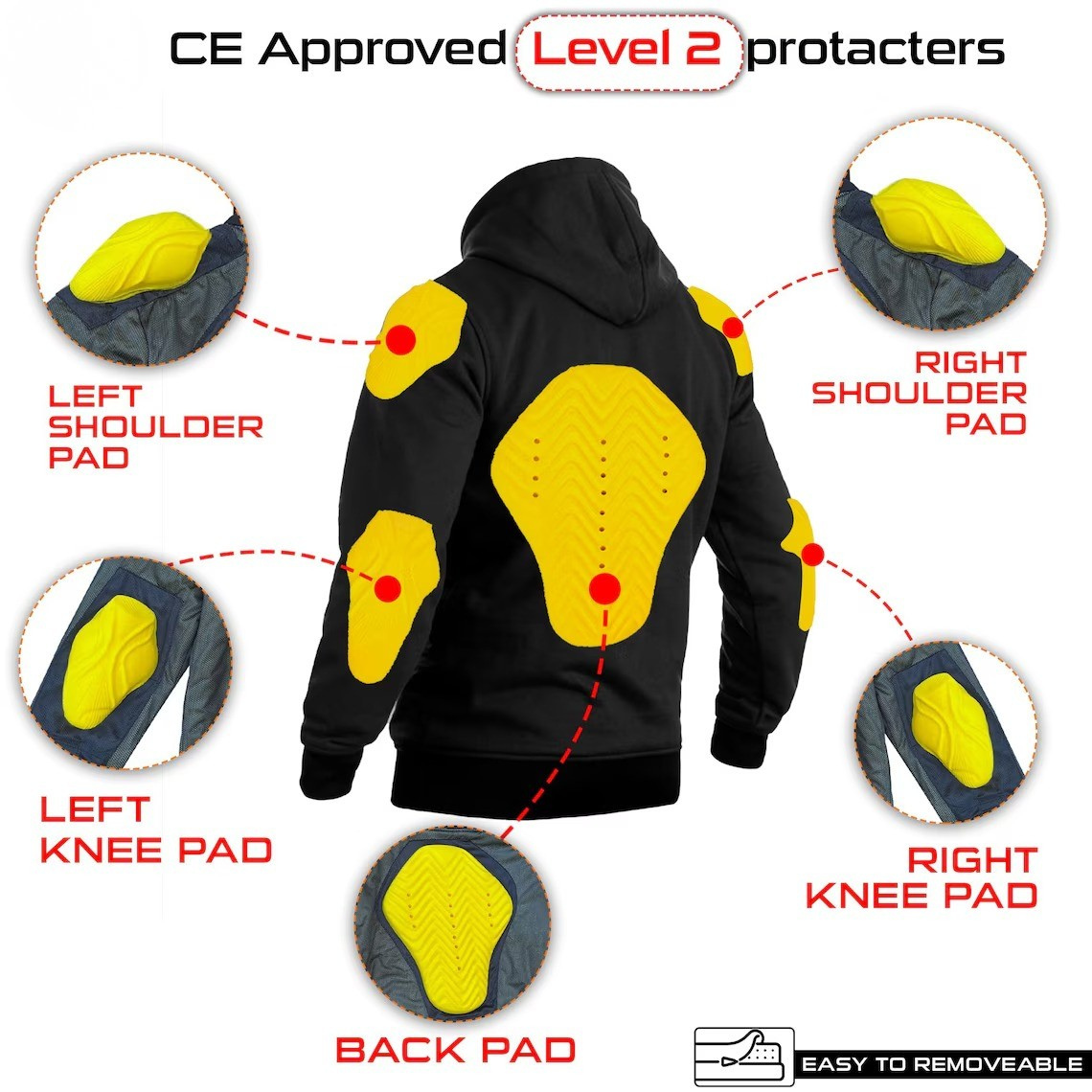 Kevlar Lined Pullover Motorcycle Hoodie in Black with Reflective Stripes