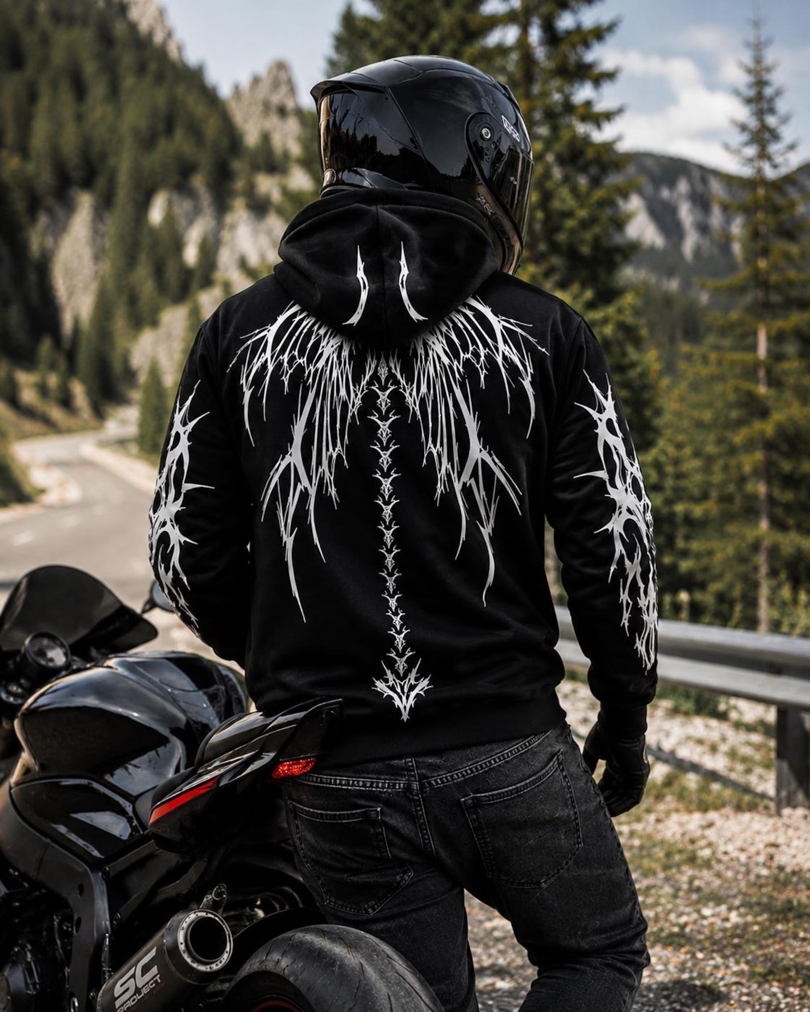 Men's Kevlar Motorcycle Hoodie in Black Dragon Wings Reflective