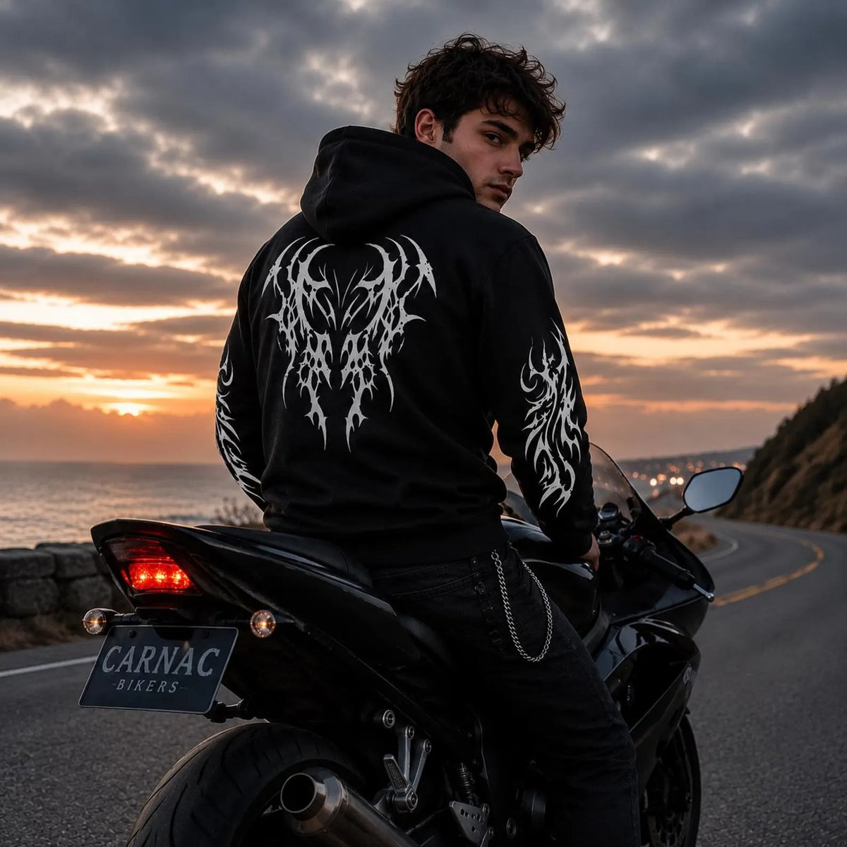 Men's Kevlar Motorcycle Hoodie in Black with Tribal Print