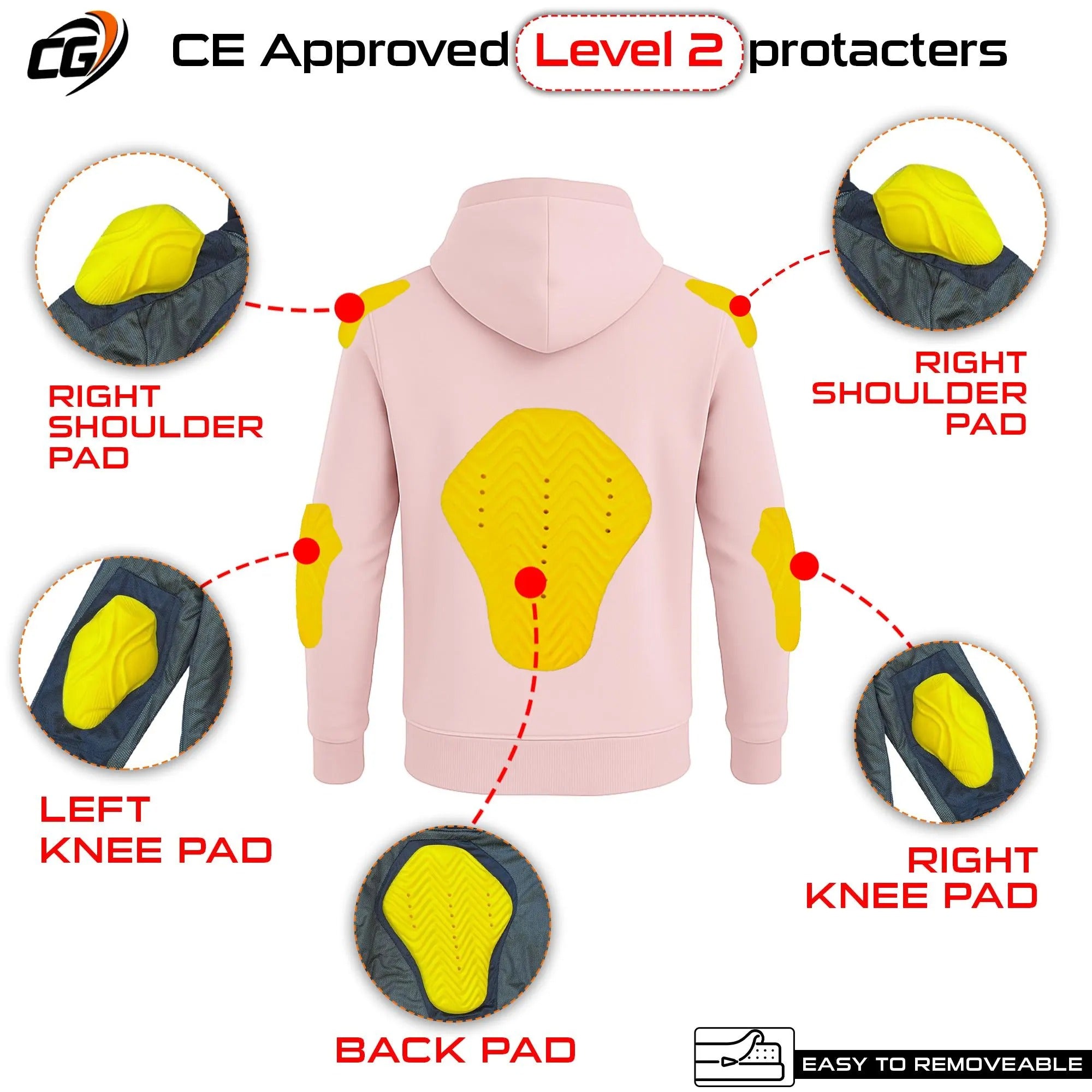 Unisex Aramid Motorcycle Hoodie in Pale Pink with CE Level 2 Armor