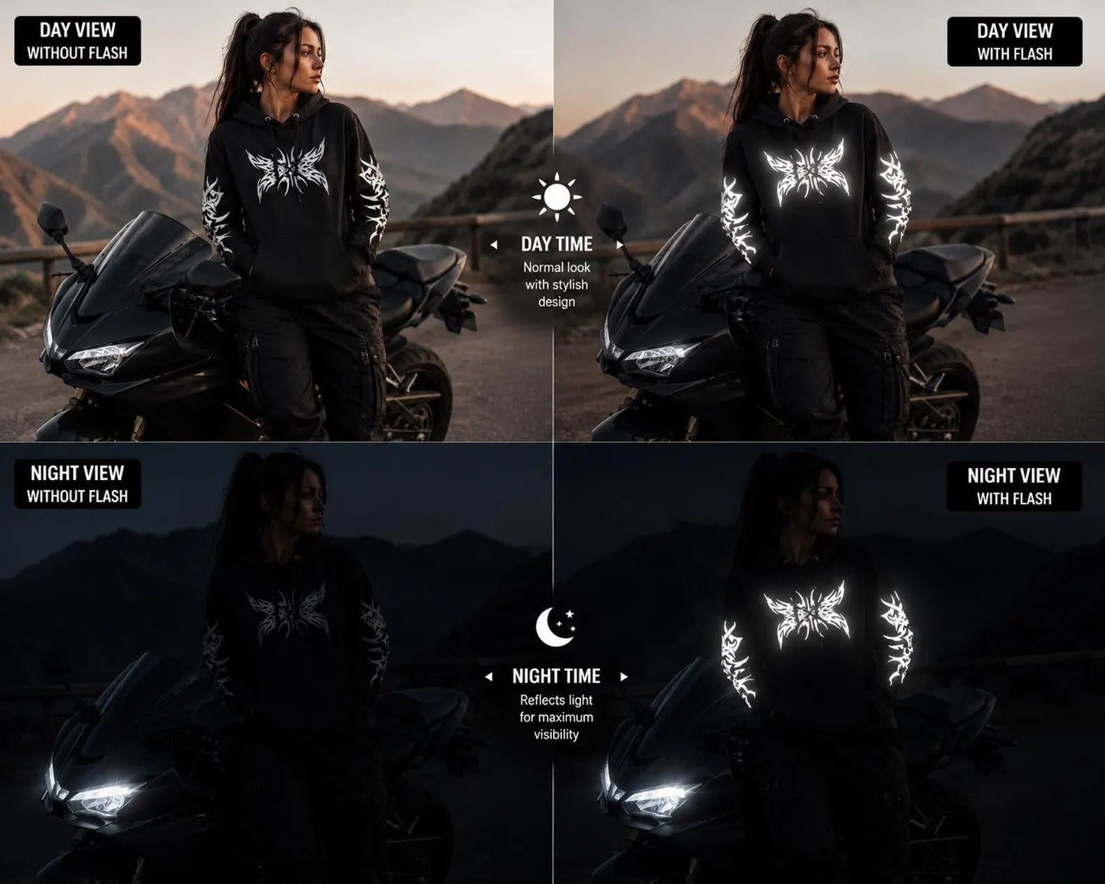 Women's Kevlar-Lined Motorbike Hoodie in Black with Tribal Butterfly Print