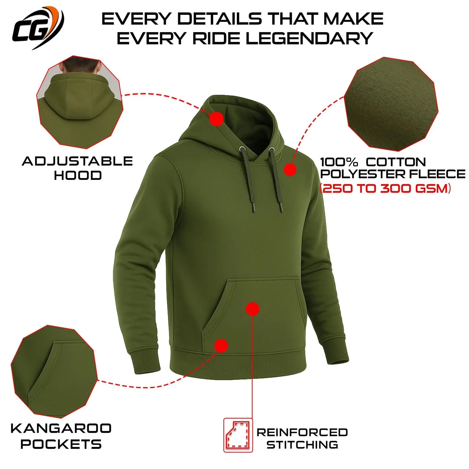 Unisex Aramid Motorcycle Hoodie in Olive Green with CE Level 2 Armor