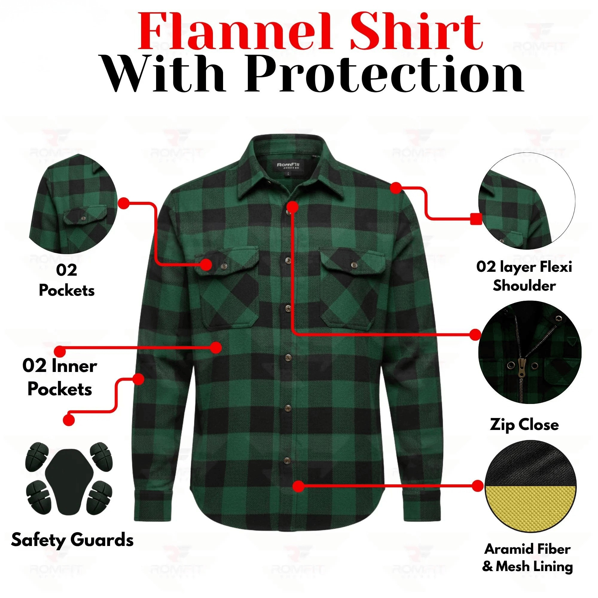 Kevlar-Lined Motorcycle Flannel Shirt in Dark Green