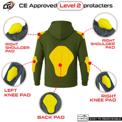 Unisex Aramid Motorcycle Hoodie in Olive Green with CE Level 2 Armor